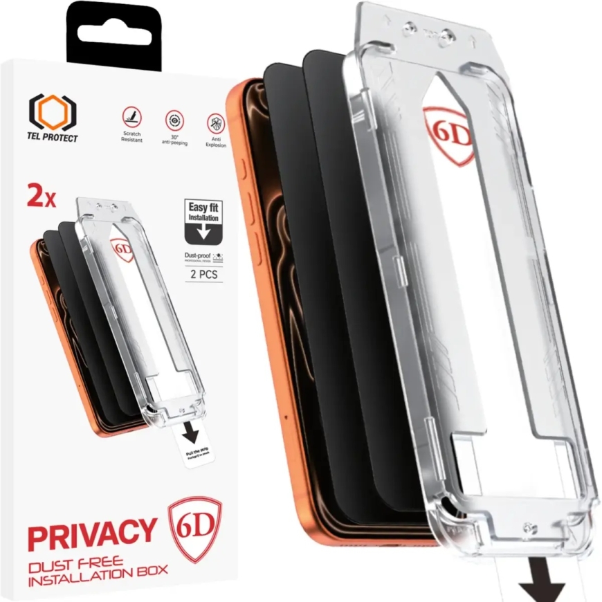 Tel Protect Dust-Free Easy Fit Privacy Full Glue 6D kestälasille iPhone 16 (yksityisyysvaikutus) (2 kpl.)