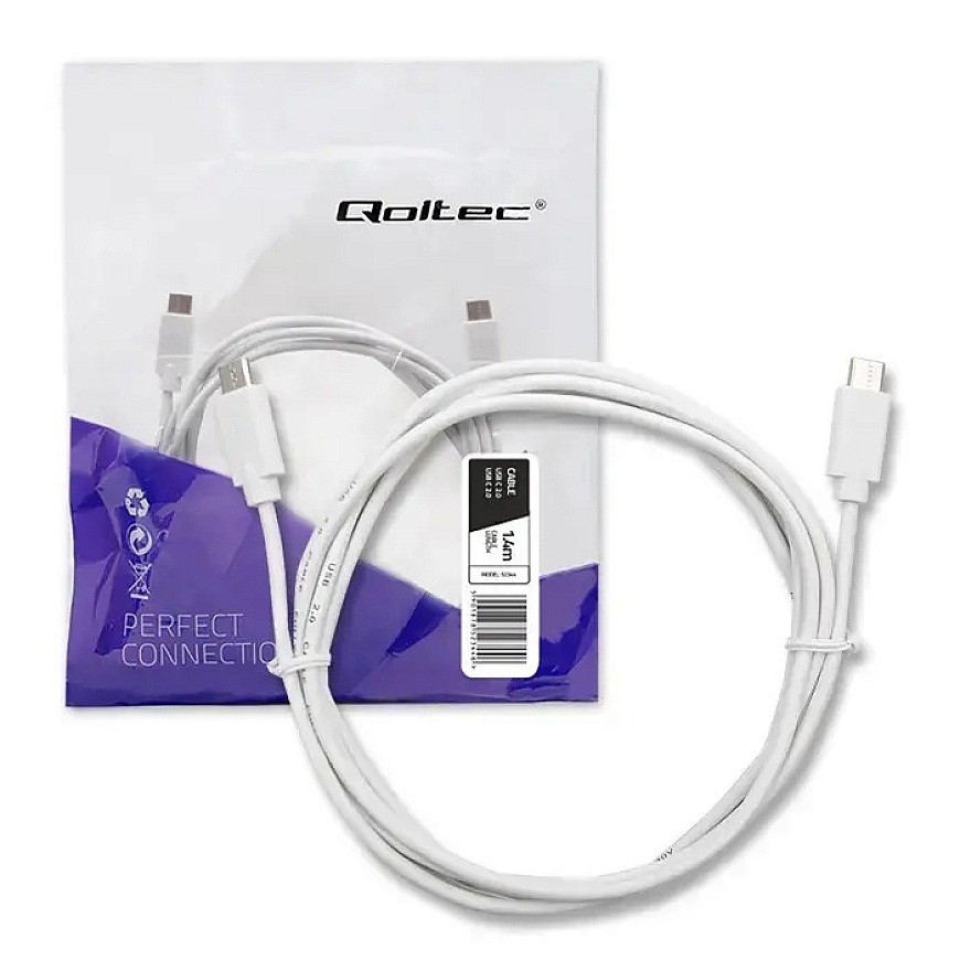 Qoltec duomenų perdavimo ir įkrovimo laidas | USB-C į USB-C | 1.4m | baltas