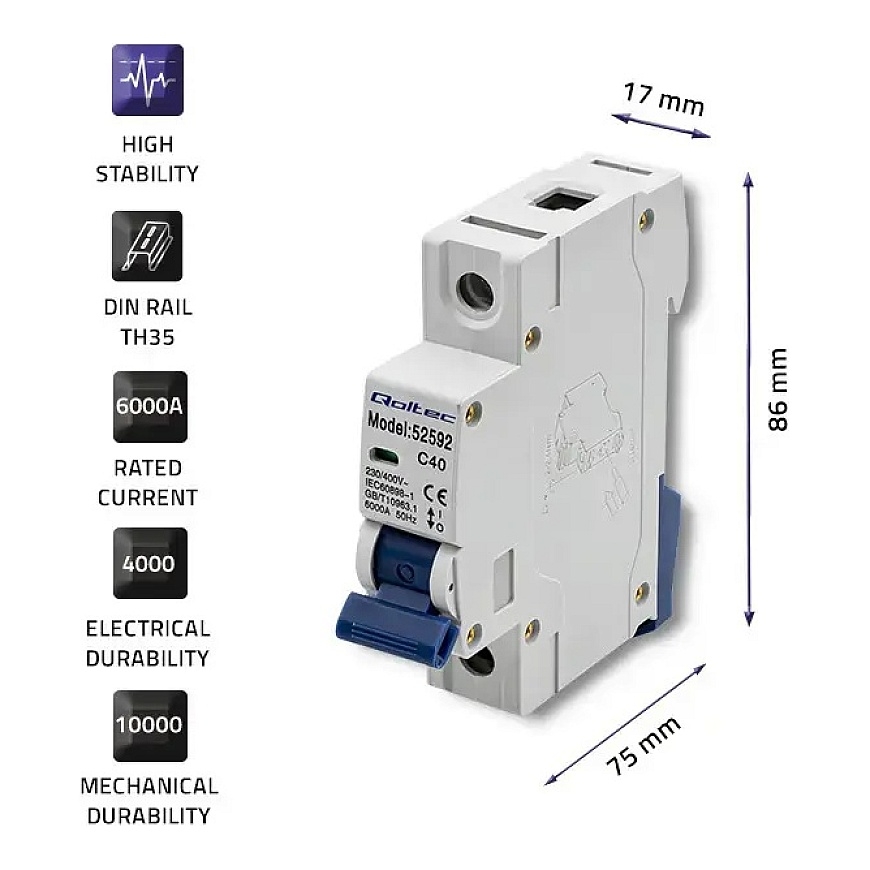 Qoltec Perkrautinės srovės jungiklis C40 | Fuse | AC | 40A | 1P – 3