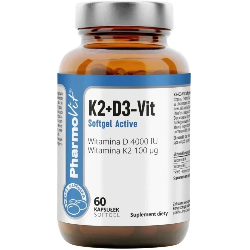 Pharmovit K2+D3-Vit Softgel Active maisto papildas 60 kapsulių