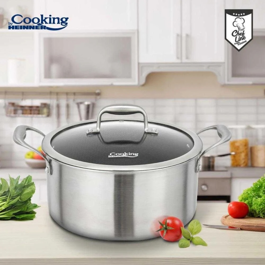 Garų puodas Nerūdijančio plieno keptuvė su 3 sluoksnių stikliniu dangčiu, 28 x 13 cm, 7 l, titano danga, „Cooking by Heinner“ – 5