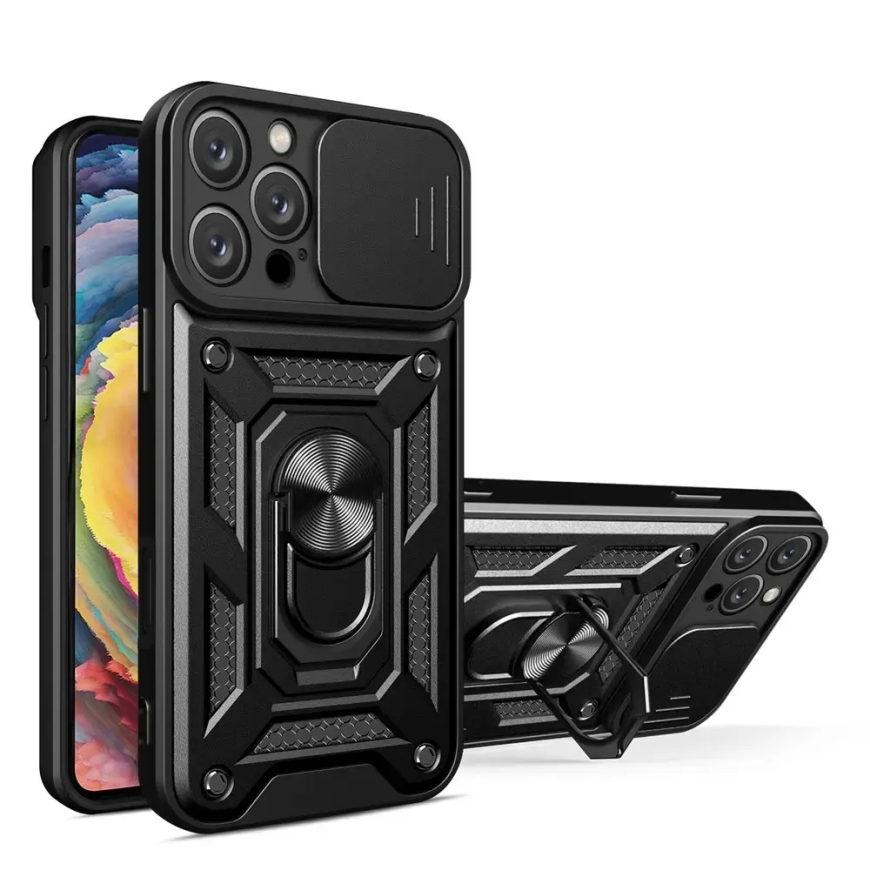 Hybrid Armor Camshield phone case with stand for iPhone 16 Pro Max black (with camera lens protection)