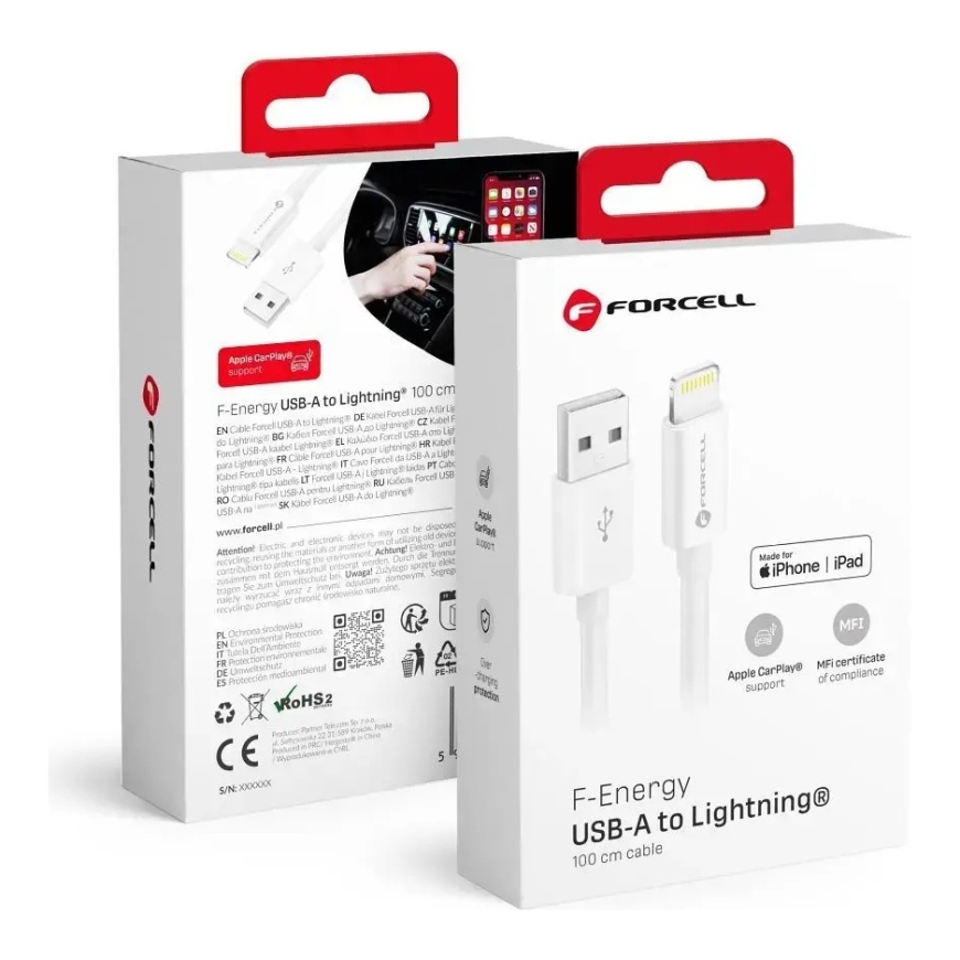 Forcell F-Energy C703 duomenų perdavimo ir įkrovimo laidas | MFI | USB-A į Lightning | 12W | 1m | baltas