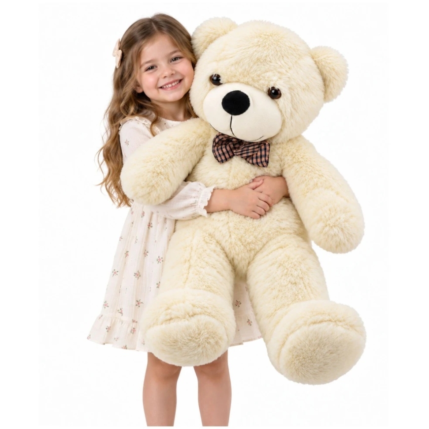 Lean Toys Plush Teddy Bear with Checkered Ribbon, Cream White Color, 120 x 45 x 35 cm – 2
