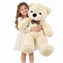 Lean Toys Plush Teddy Bear with Checkered Ribbon, Cream White Color, 120 x 45 x 35 cm