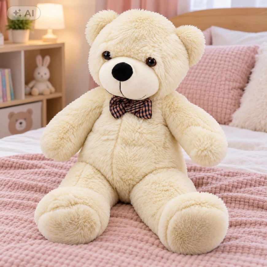 Lean Toys Pliušinis meškiukas su languotu kaspinu, kreminės baltos spalvos, 120 x 45 x 35 cm – 4