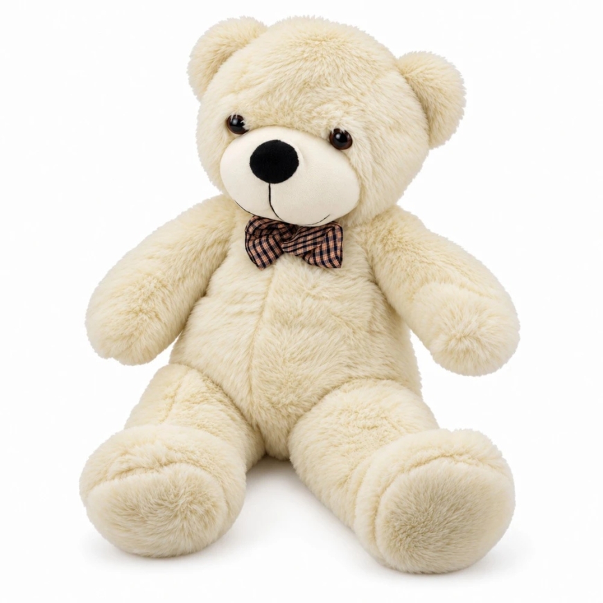Lean Toys Plush Teddy Bear with Checkered Ribbon, Cream White Color, 120 x 45 x 35 cm – 5