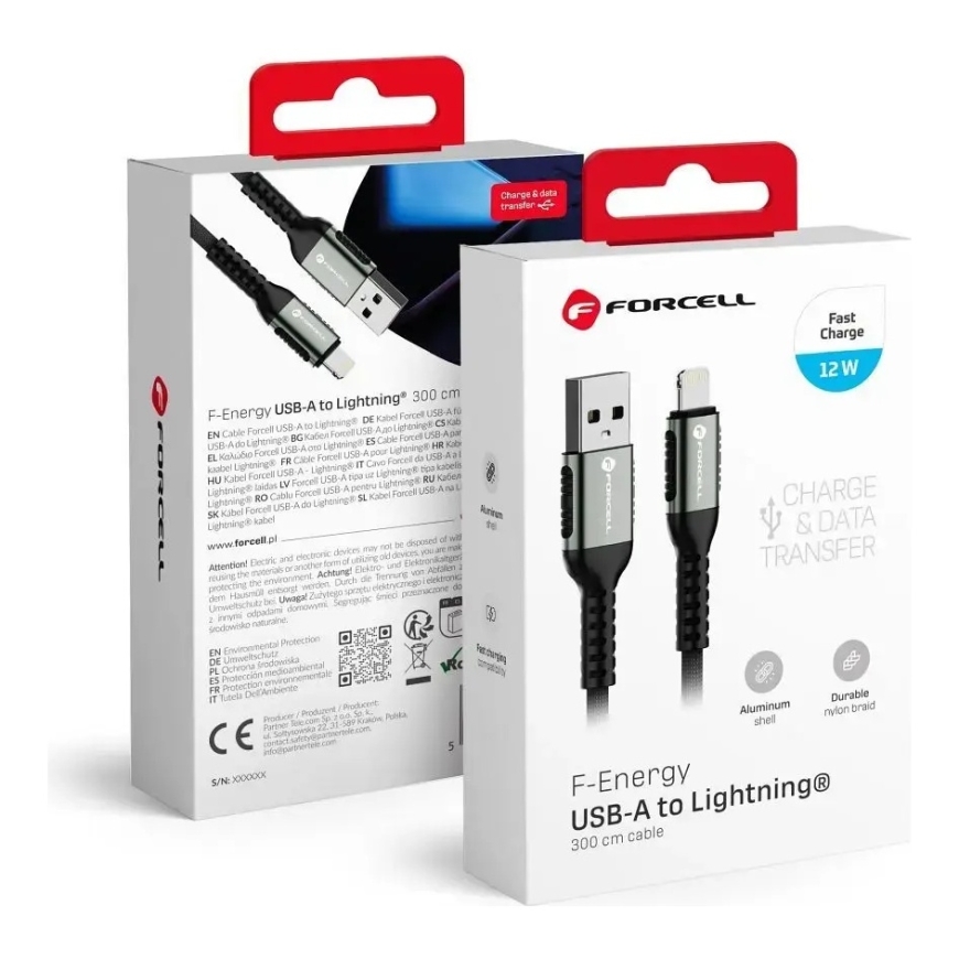 Forcell F-Energy C257 tiedonsiirto- ja latauskaapeli | USB-A to Lightning | 12W | 3m | musta