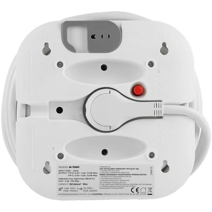 Plastrol Rullik 10 m 31,5 mm², 16 A, termilise kaitsega, 3X SCHUKO pistikupesad, 1x USB-C, 1x USB-A – 4