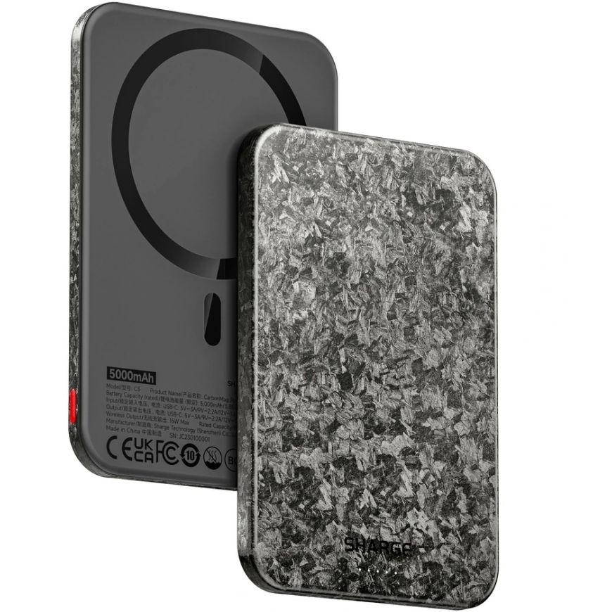 Azo SHARGE CarbonMag 5K nešiojamasis akumuliatorius, 15W Qi, 20W USB-C - 5.000mAh, juoda (YDD-SG-C3TXWCX-HEI) – 5