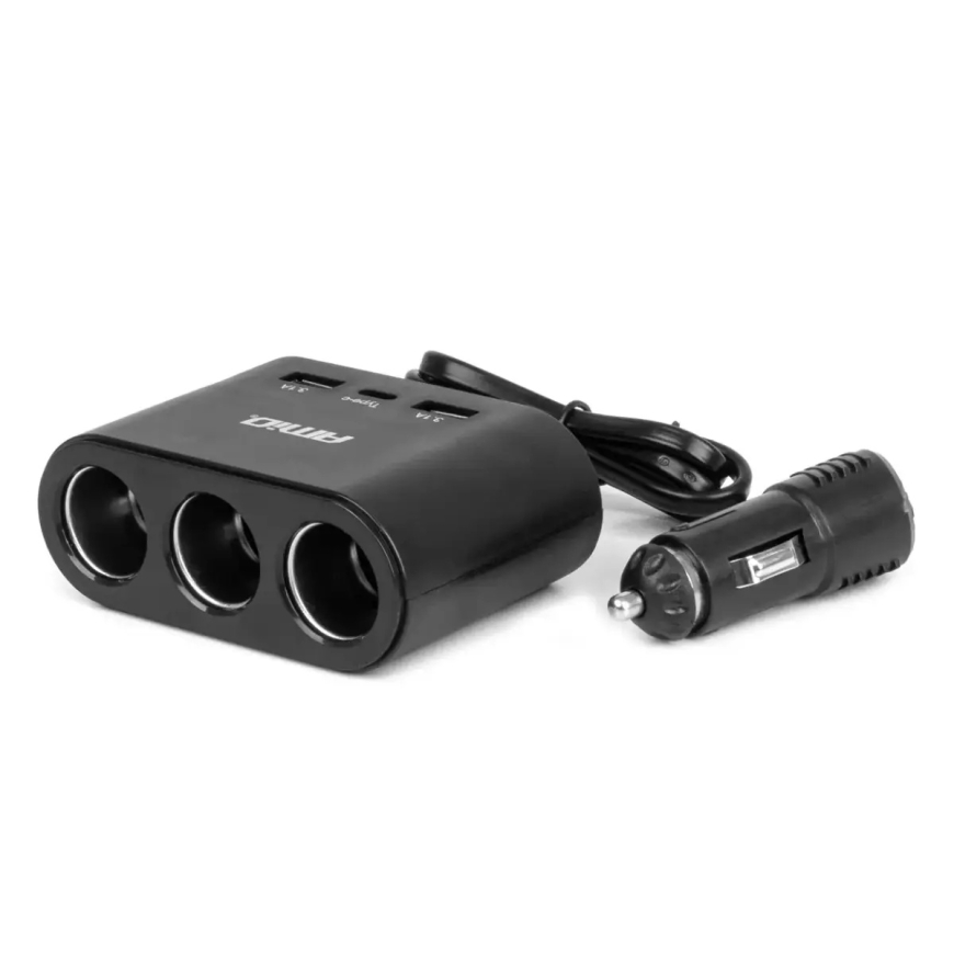 Trylikampis ilgiklis įkroviklis 2x USB A 1x USB C 12/24V 120W 70cm AMIO-04361