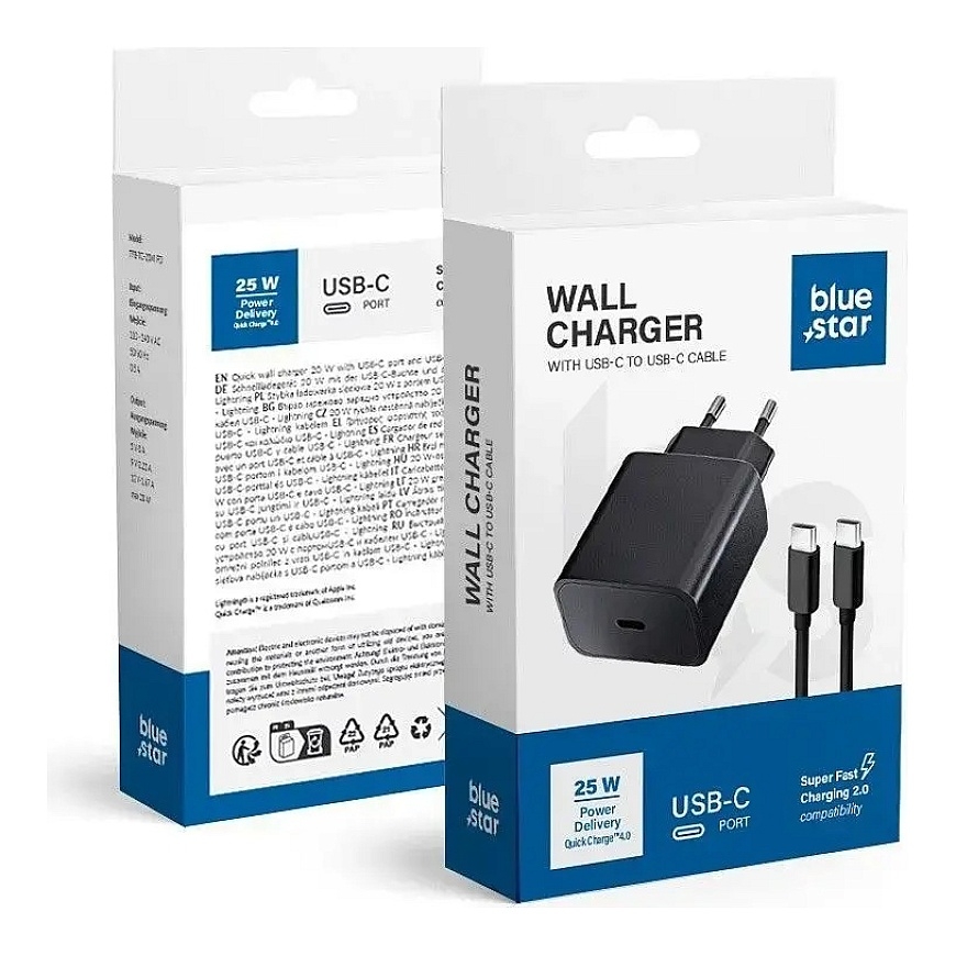 Blue Star TFB-TC-25WPD reisilaadija | 25W | PD, QC | USB-C | USB-C kuni USB-C kaabliga komplektis | must