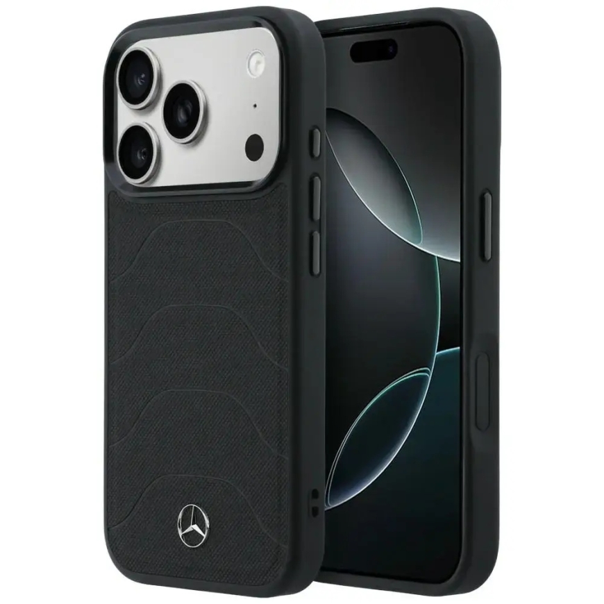Mercedes Leather Mesh with Bow Line phone case with MagSafe support for iPhone 17 Pro Max black