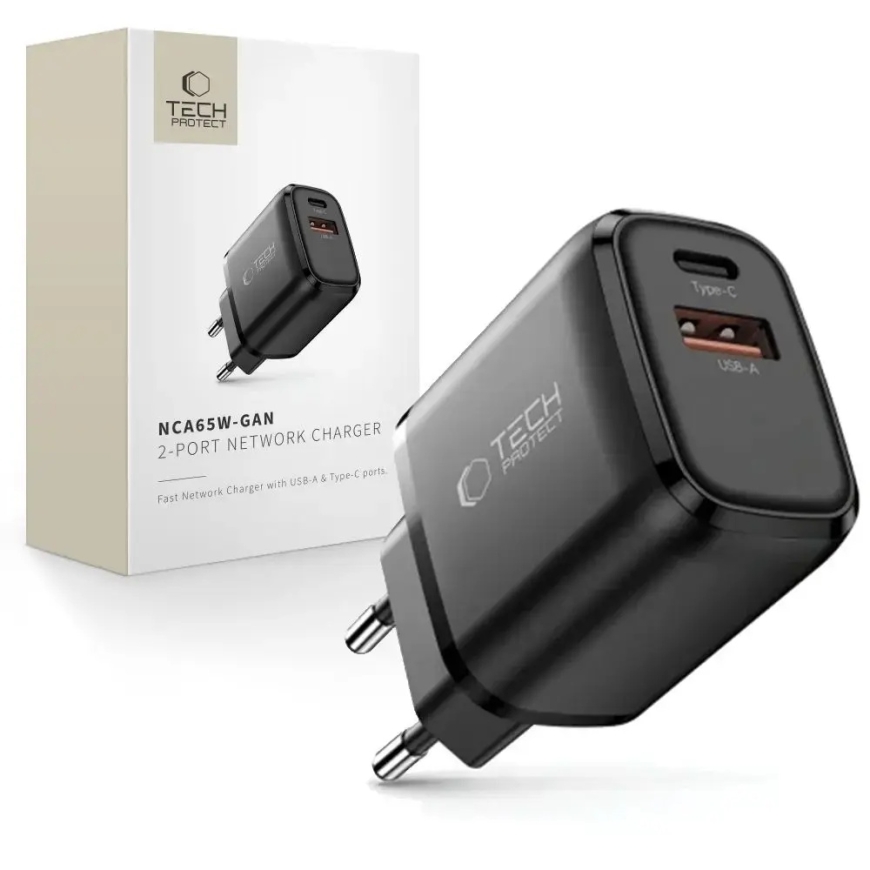 Tech-Protect NCA65W-GAN reisilaadija | 65W | PD, QC, GaN | USB-C, USB-A | must