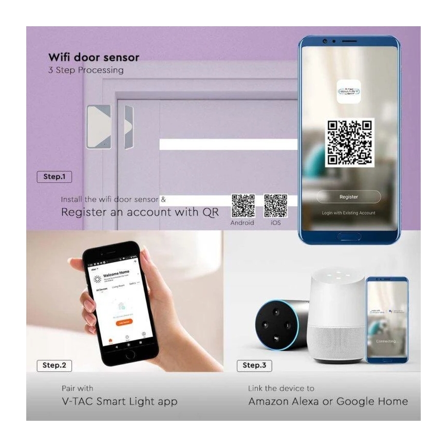 V-tac WIFI magnetiline kontaktandur, valge, ühilduv AMAZON ALEXA ja GOOGLE HOME'iga – 5
