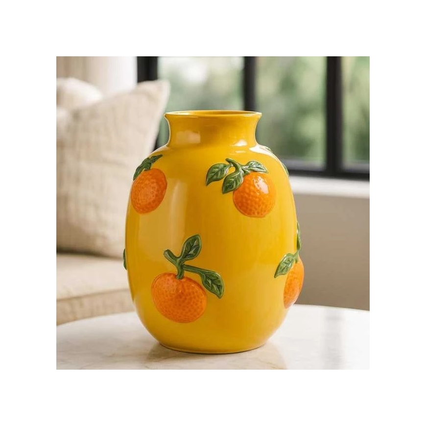 Mājas stila kolekcija Oranžs ziedu vāze ar oranžu rakstu GORT, Ø 17 x 25 cm, dzeltena – 2
