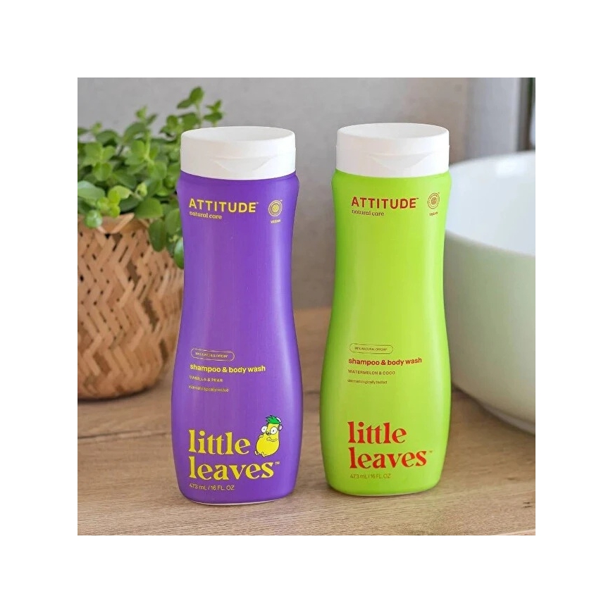 Attitude, „Little Leaves“, 2 viename skalbimo skystis ir šampūnas, kriaušių nektaras ir vanilė, 473 ml – 2