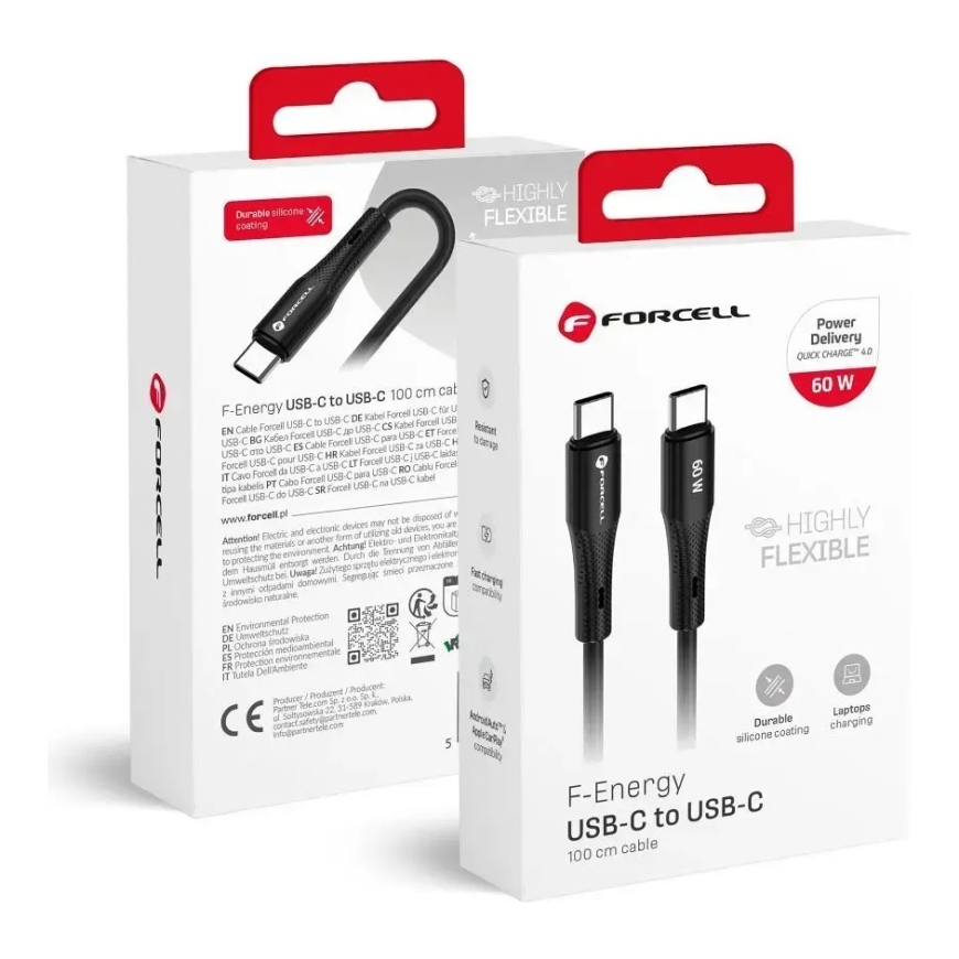 Forcell F-Energy C344 datu pārraides un uzlādes vads | USB-C uz USB-C | QC 4.0, PD | 60W | 1m | melns