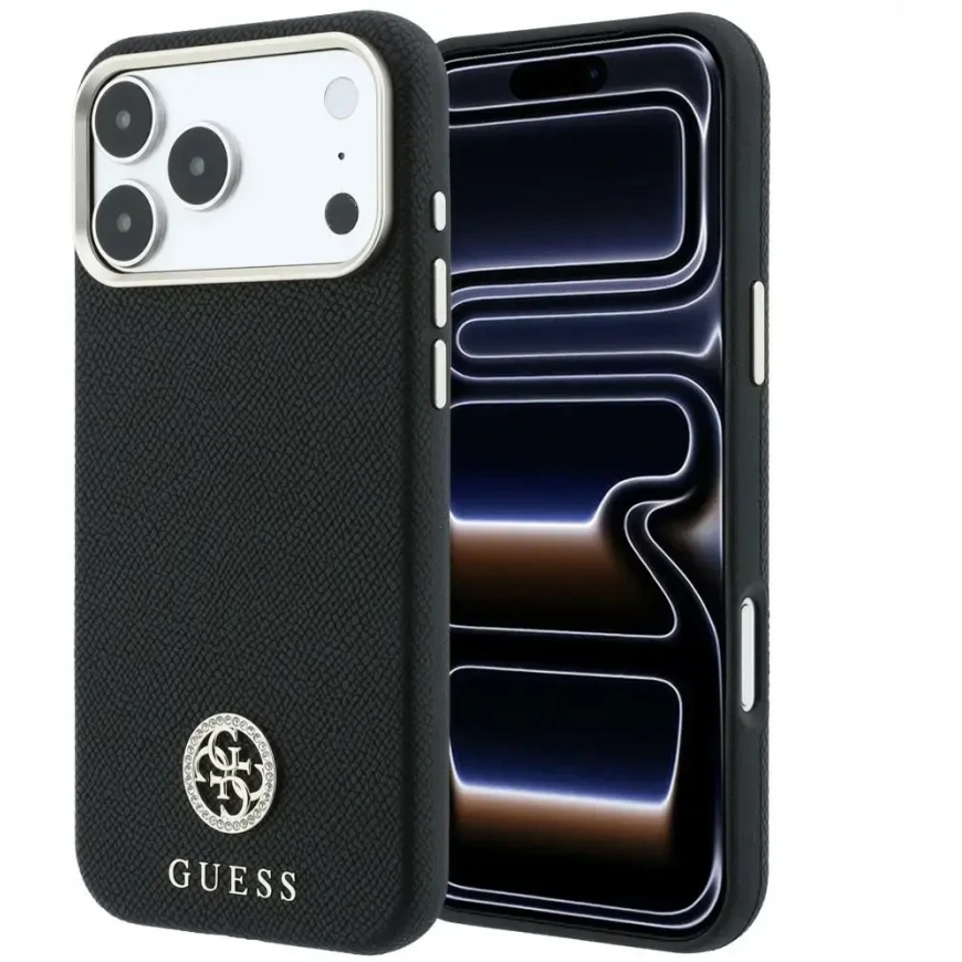 Guess Grained Round Strass Logo MagSafe Case for iPhone 18 Pro / 17 Pro - Black