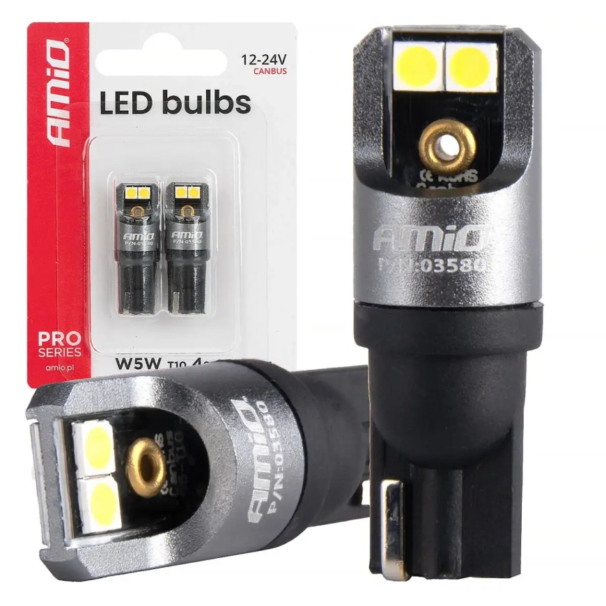 LED PRO serijos T10 W5W 4x3030 SMD Balta 12/24V FULL CANBUS AMIO-03580
