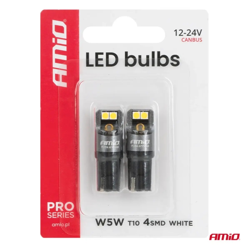LED PRO serijos T10 W5W 4x3030 SMD Balta 12/24V FULL CANBUS AMIO-03580 – 4