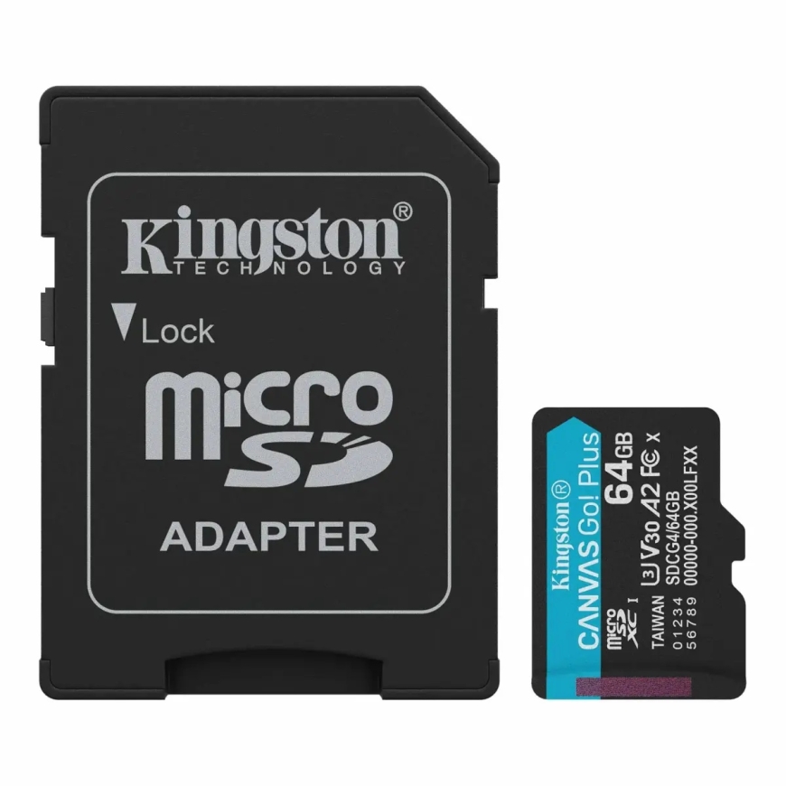 Kingston-muistikortti 64GB microSDXC Canvas Go Plus Gen4 200MB/s A2 U3 V30 -kortti + sovitin