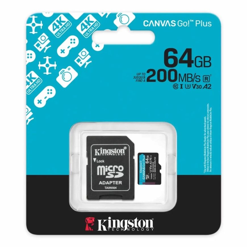Kingston atminties kortelė 64GB microSDXC Canvas Go Plus Gen4 200MB/s A2 U3 V30 kortelė + adapteris – 2