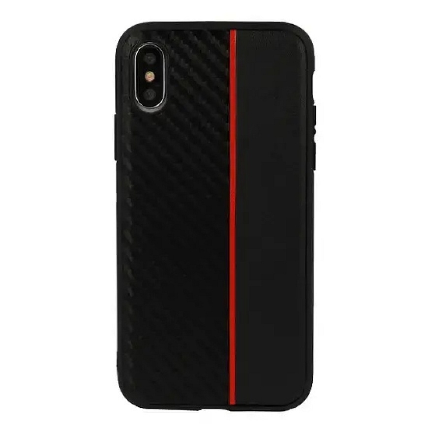MOTO CARBON dėklas Samsung Galaxy A6 Plus 2018 juodas su raudona juostele