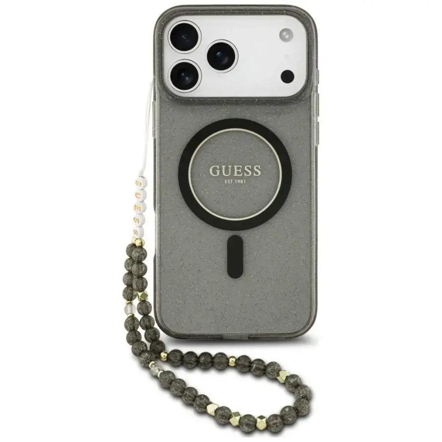 Apsauginis dėklas Guess IML Glitter Pearl Strap MagSafe iPhone 18 Pro Max / 17 Pro Max juodas