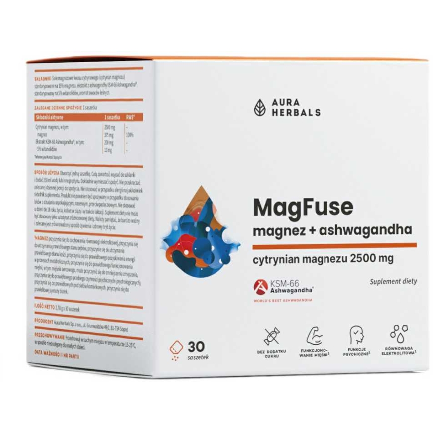 Aura Herbals MagFuse magnijs + ashwagandha uztura bagātinātājs 30 iepakojumi – 2