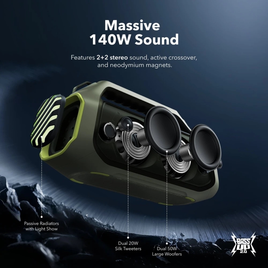 Kannettava langaton kaiutin Soundcore Boom 2 Plus, 140 W, Bluetooth 6.0, IPX7, vihreä väri – 4
