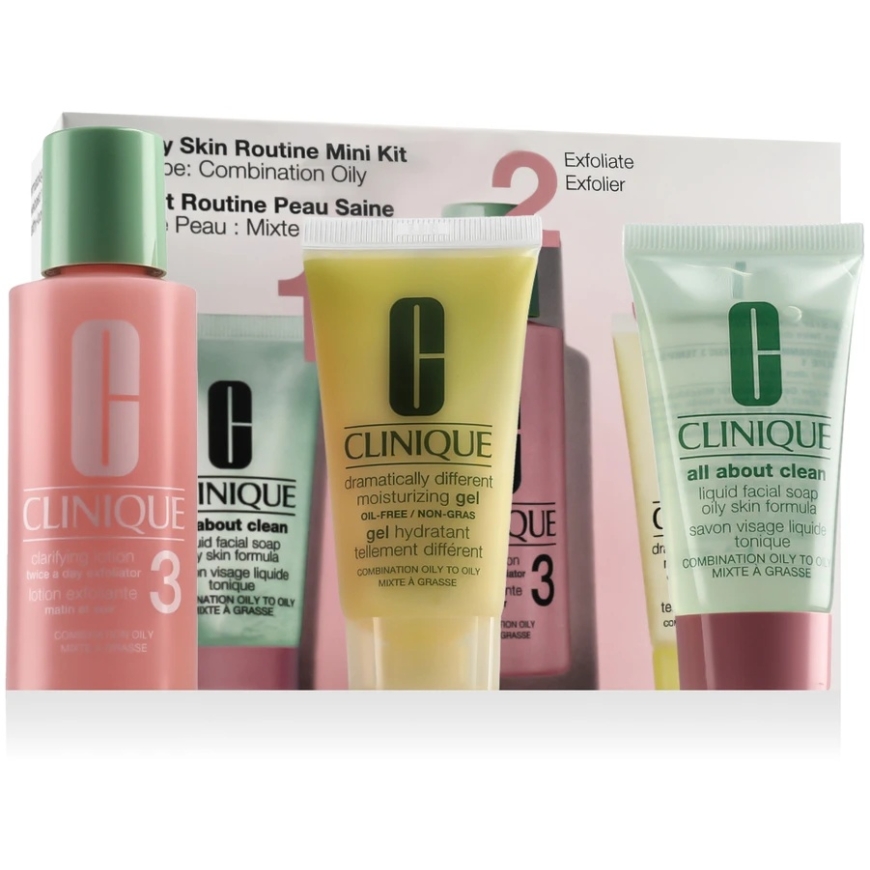 „Clinique“ rinkinys (Gaivinantis losjonas „3“ du kartus per dieną naudojamas šveitiklis, 60 ml + Gaivantis losjonas „3“ du kartu – 3