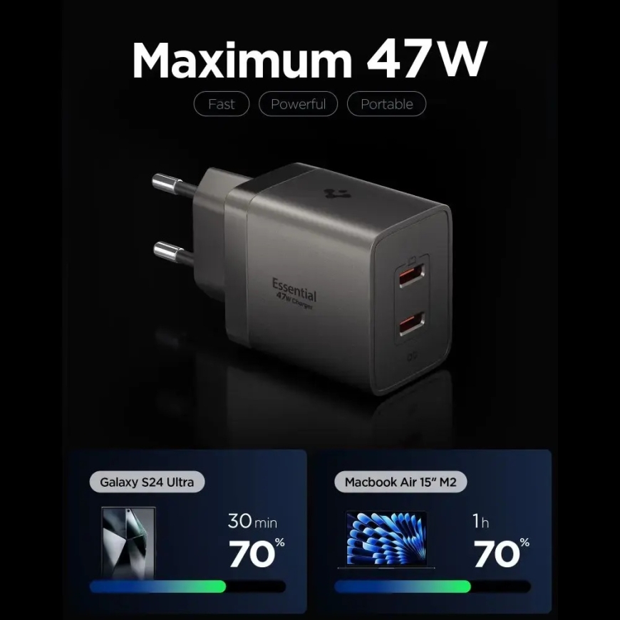 Spigen Essential EE472EU-GAN matkaladattu | 47W | GaN | USB-C, USB-A | harmaa – 2