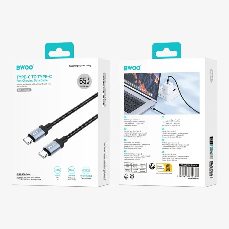 BWOO BO-X401CC data transfer and charging cable | USB-C to USB-C | PD | 65W | 1m | black – 3
