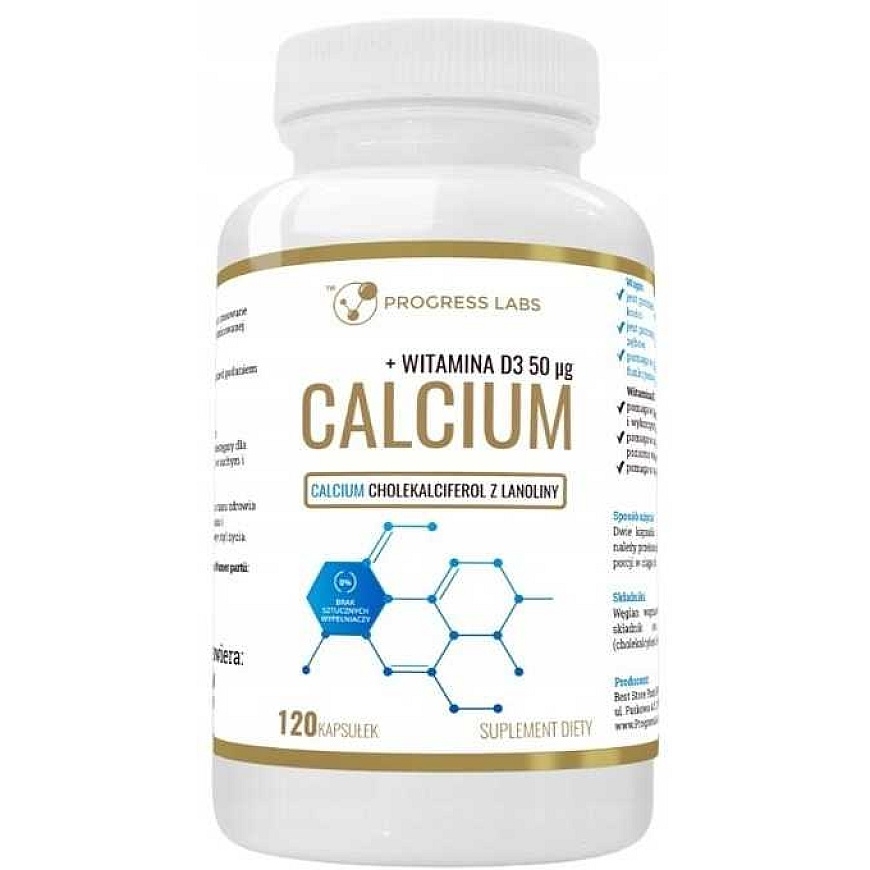 Progress Labs Kalsium + D3-vitamiini 50 mcg ravintolisä 120 kapseleita
