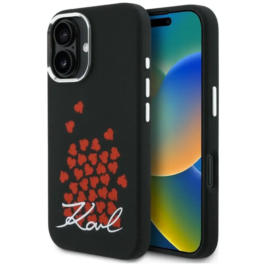Karl Lagerfeld Silicone Heart Sign Logo telefoni ümbris MagSafe toega iPhone 16 must