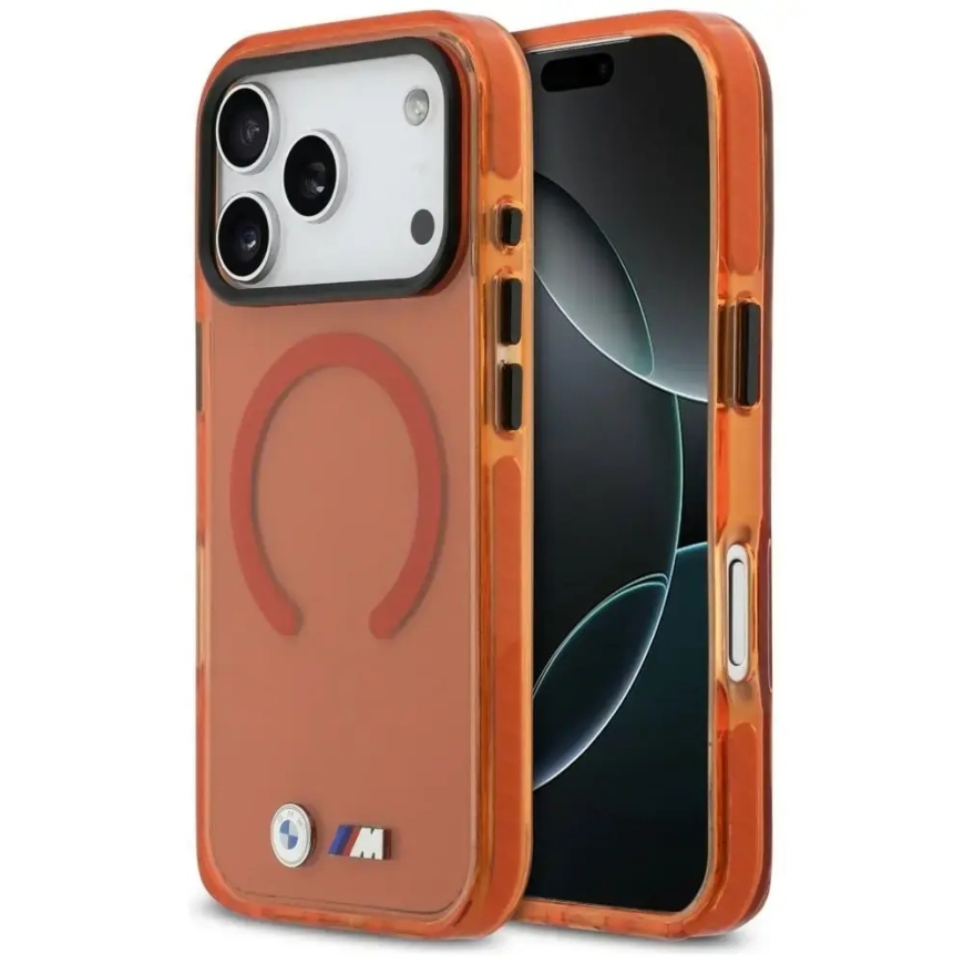 BMW M IML Shockproof Metal Logos phone case with MagSafe support for iPhone 17 Pro orange