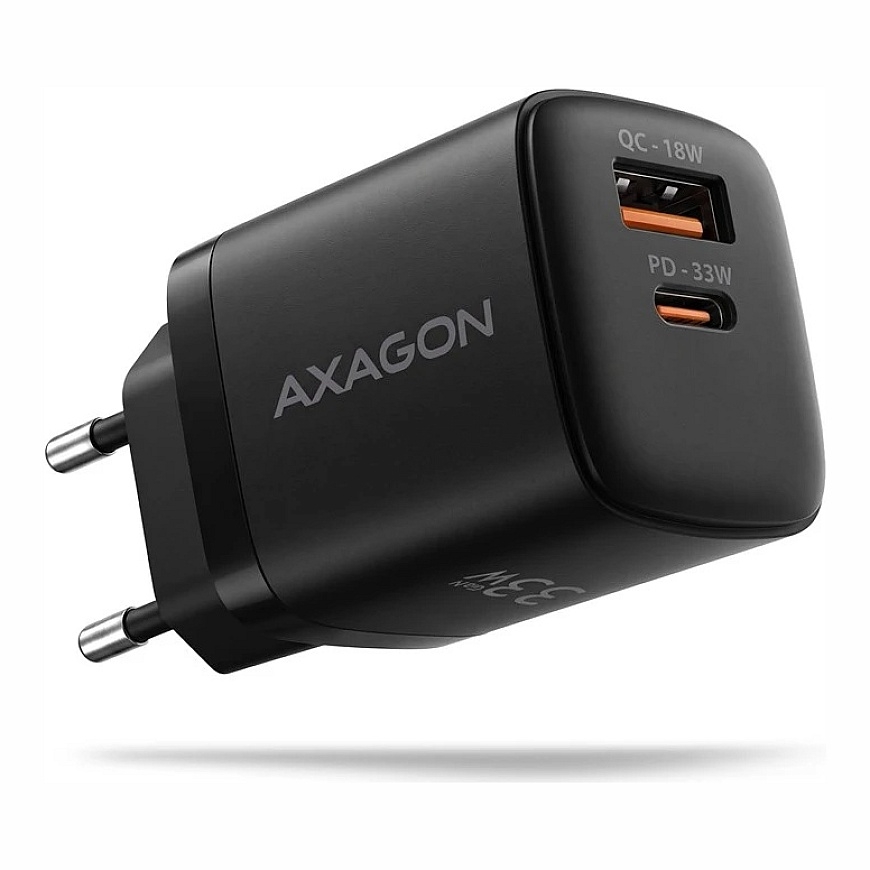 AXAGON ACU-PQ33, GaN võrgulaadija 33 W, USB-A + USB-C, PD3.0/PPS/QC4+/SFC2.0/Apple, must