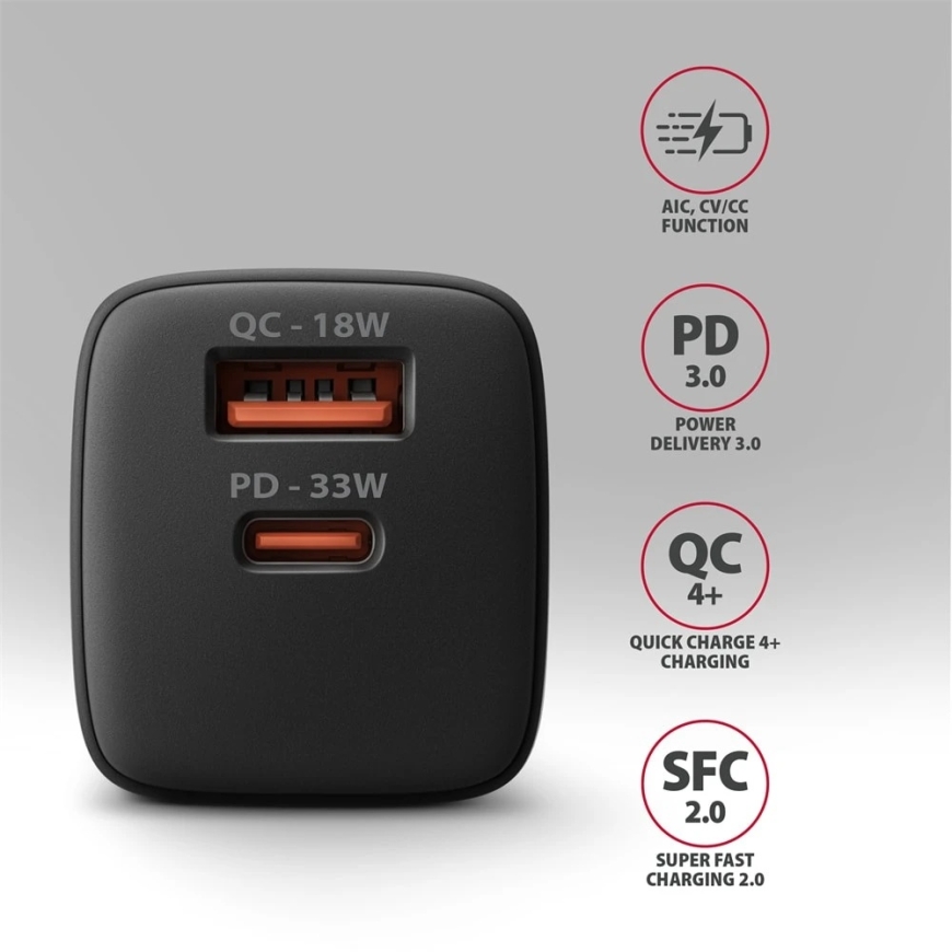 AXAGON ACU-PQ33, GaN verkkolaturi 33 W, USB-A + USB-C, PD3.0/PPS/QC4+/SFC2.0/Apple, musta – 4