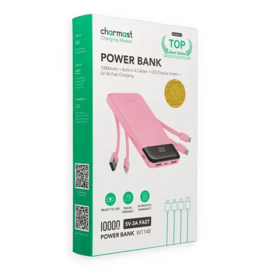 Charmast W1148 išorinė baterija (powerbank) | 10 000 mAh | 15W | USB-A, USB-C, Lightning, Micro USB | LED ekranas | rožinis – 2