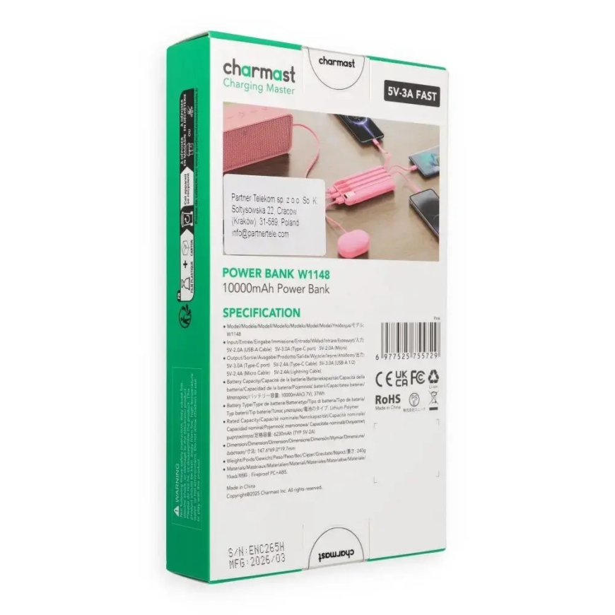 Charmast W1148 ārējais akumulators (powerbank) | 10 000 mAh | 15W | USB-A, USB-C, Lightning, Micro USB | LED ekrāns | rozā – 3