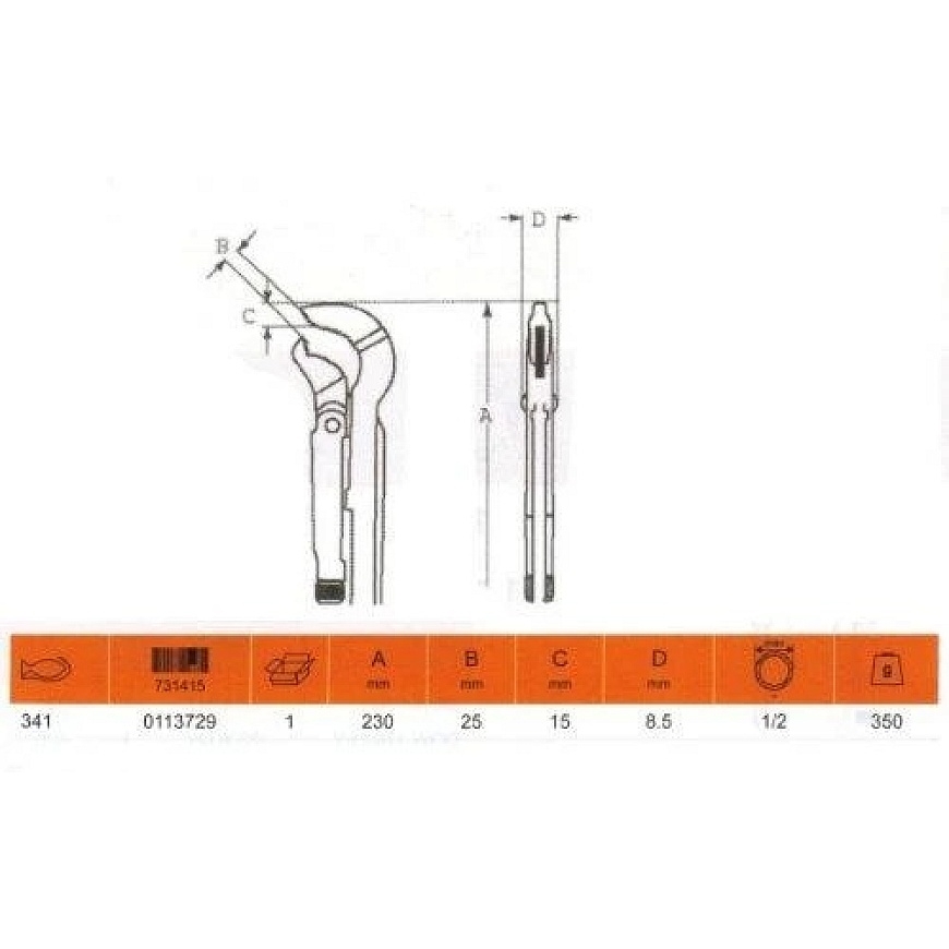 Bahco Adjustable Pipe Wrench. Overall Length 230mm. Max 1/2" Pipe. Extremely wear-resistant due to induction hardened teeth, non