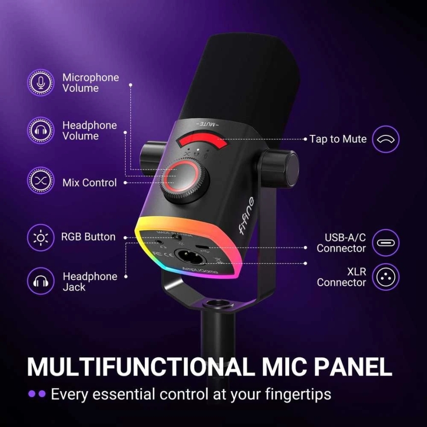 FIFINE AmpliGame AM8 PROS laidinis mikrofonas su stovu ir RGB apšvietimu USB/XLR – 3