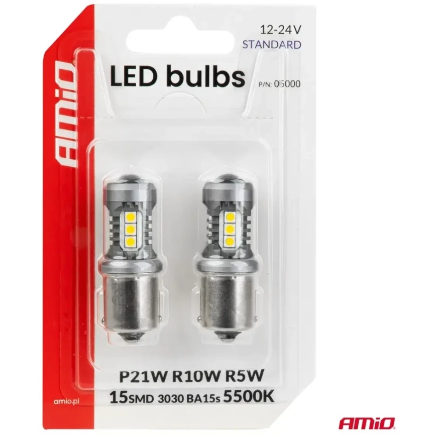 Standarta LED spuldzes BA15S P21W 3030 15SMD baltas 12V 24V Amio-05000 – 4