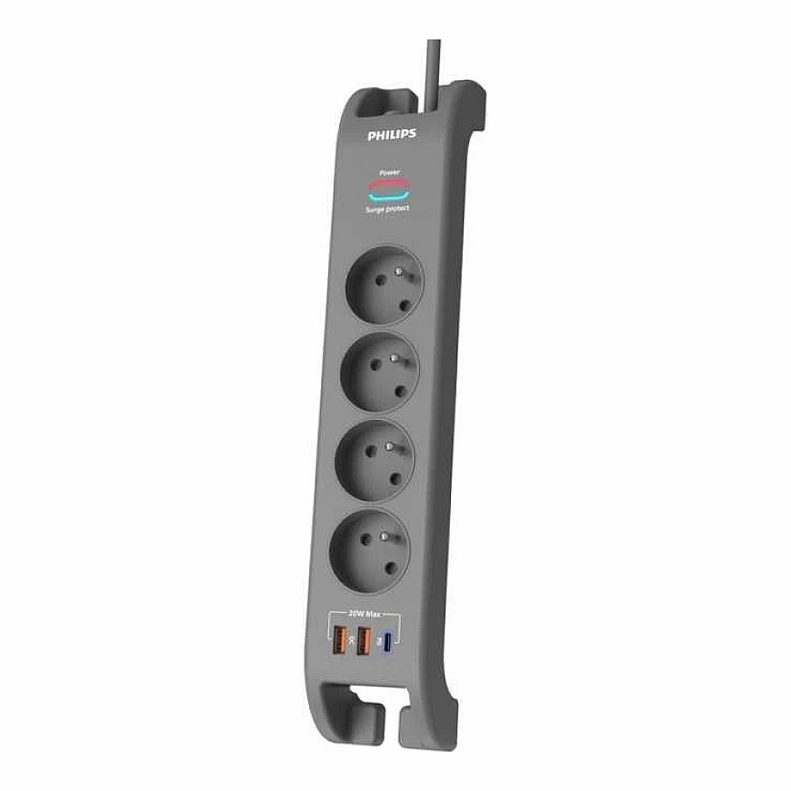 „Philips“ pārsprieguma aizsardzības sloksne, 2 m, 4 kontaktligzdas, 1xUSB-C, 2xUSB-A, PD 20 W / qc 18 W, 2400 voltu pārsprieguma