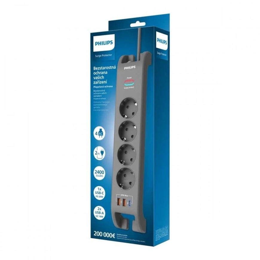 „Philips“ viršįtampių apsaugos juostelė, 2 m, 4 lizdai, 1xUSB-C, 2xUSB-A, PD 20 W / qc 18 W, 2400 voltų apsauga nuo viršįtampių – 2