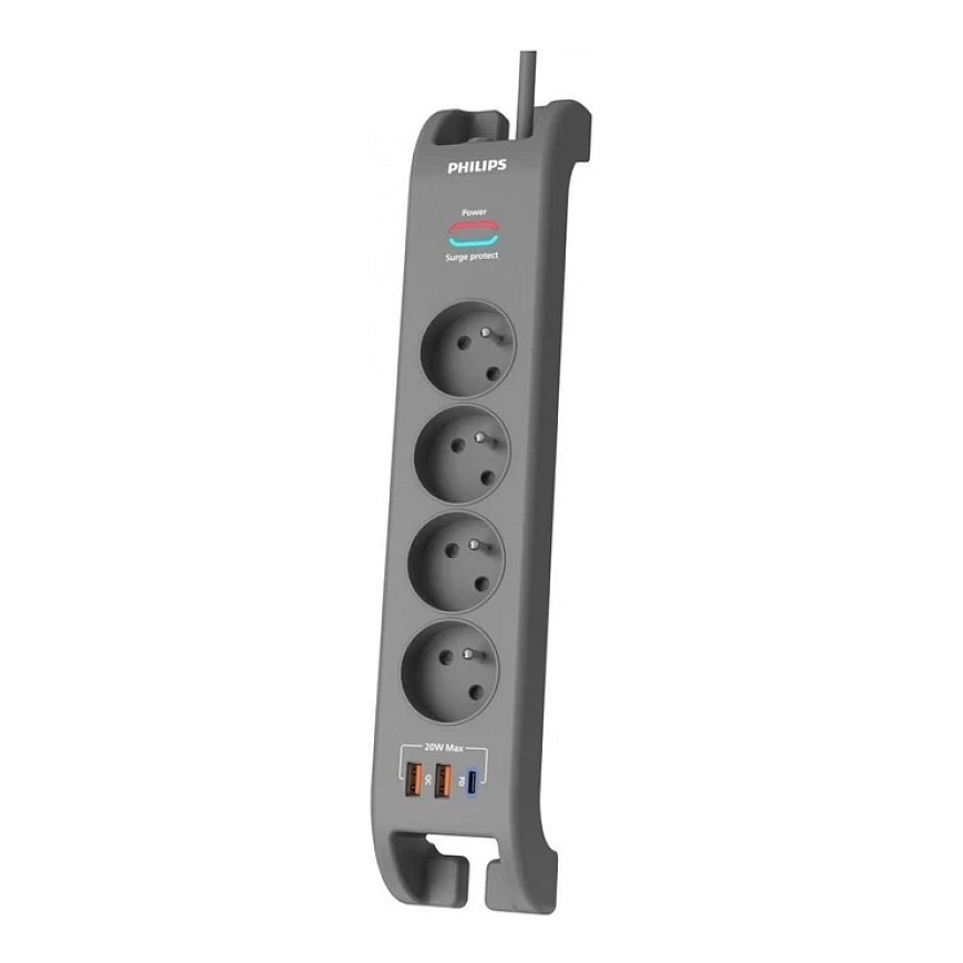 „Philips“ viršįtampių apsaugos juostelė, 2 m, 4 lizdai, 1xUSB-C, 2xUSB-A, PD 20 W / qc 18 W, 2400 voltų apsauga nuo viršįtampių – 4
