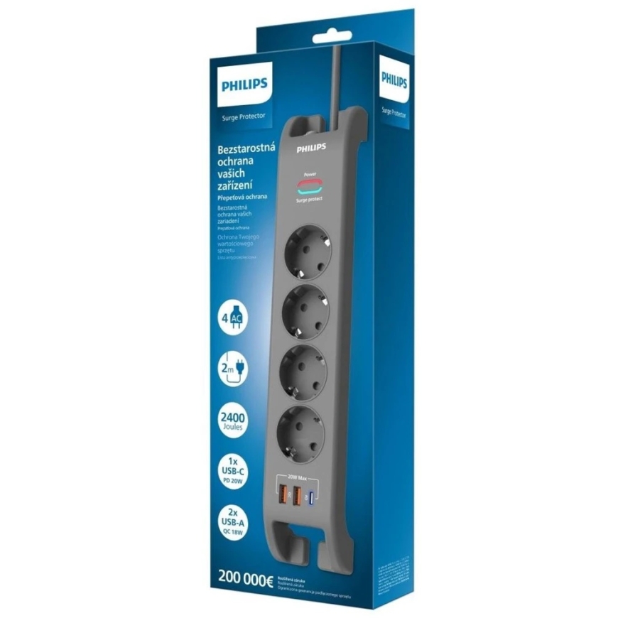 "Philips" удлинитель с защитой от перенапряжений, 2 м, 4 розетки, 1xUSB-C, 2xUSB-A, PD 20 W / qc 18 W, защита от перенапряжений – 5