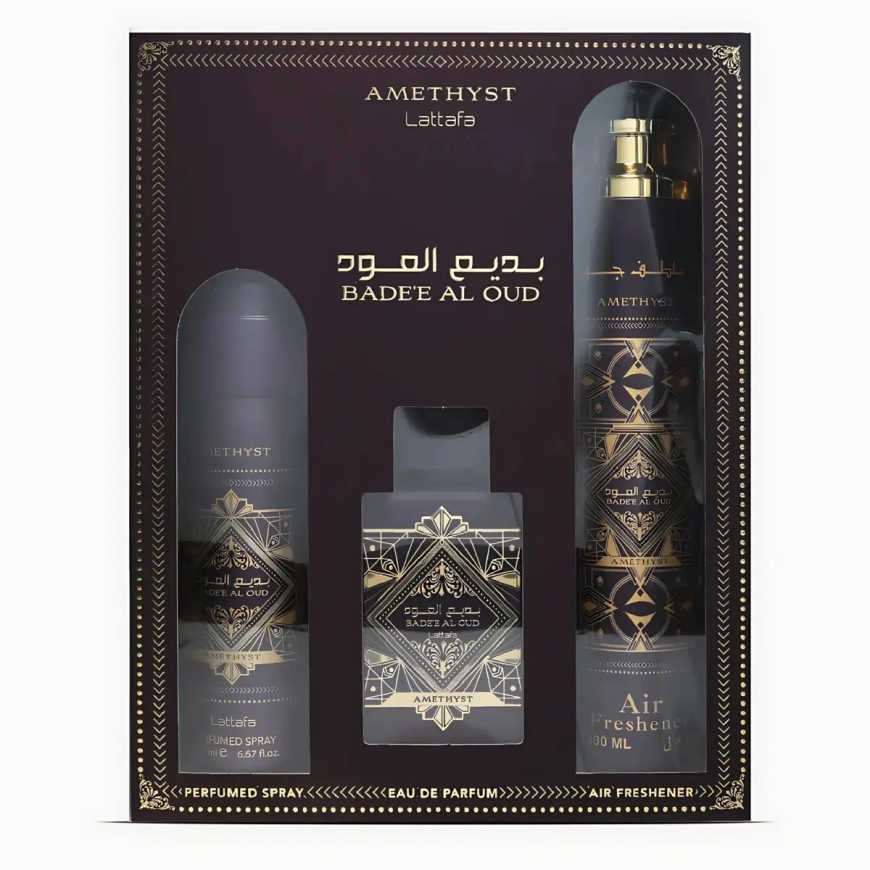 Setti Lattafa: Bade'e al Oud Amethyst, Eau De Parfum, Miehille, 100 ml + Bade'e al Oud Amethyst, Kehäruiske, 200 ml + Bade'e al