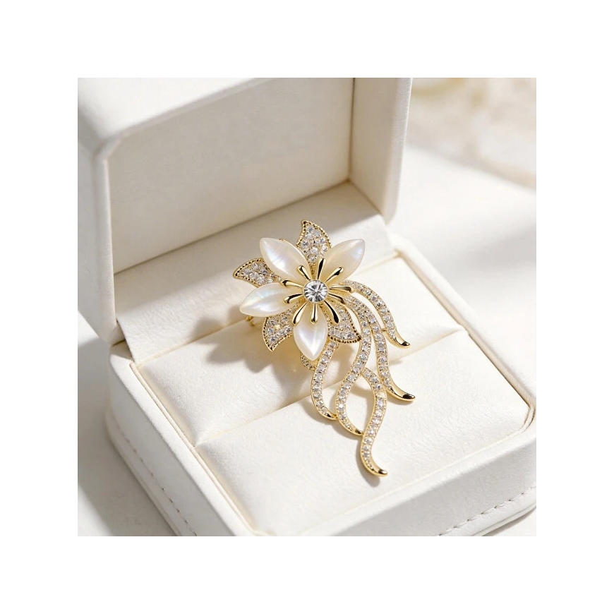 Troll Gold-Plated Flower-Shaped Brooch with Mother-of-Pearl and Zircons – 2